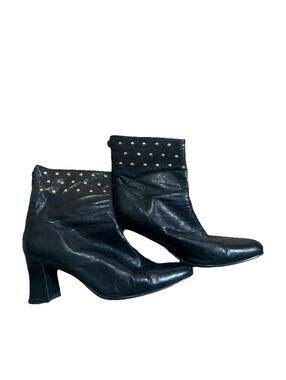 Vintage Stefani Sz 9.5 Black Leather Studded Ankle Boots Zip Block Heel Brazil